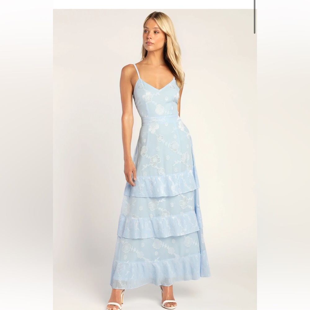Beaming Babe Light Blue Floral Print Jacquard Tiered Maxi Dress
